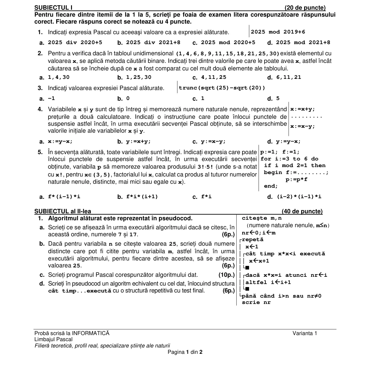 Pagina din subiect cu figura sau tabelul itemului